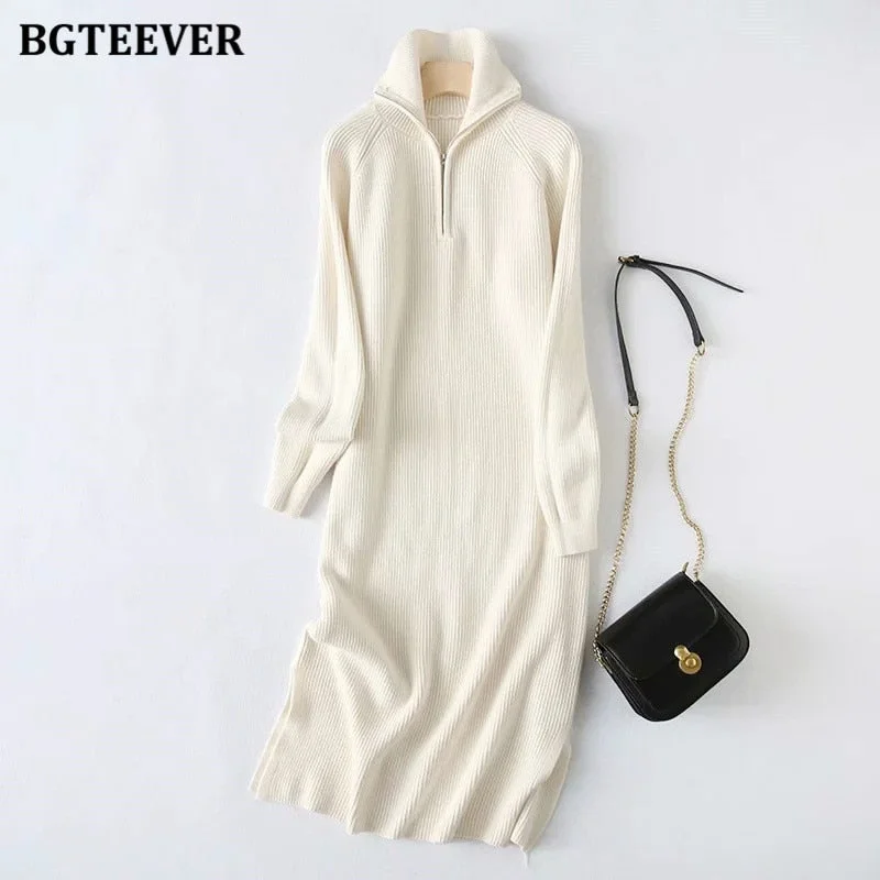 BGTEEVER Casual Thicken Turtleneck Zippers Women Knitted Dress 2021 Autumn Winter Long Sleeve Side Split Female Sweater Dress