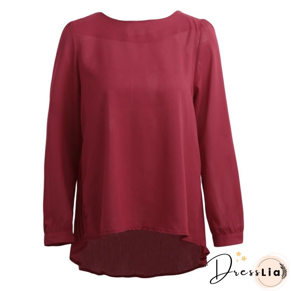 Chiffon Blouse Pleated Back Long Sleeve Asymmetric Shirt Loose Casual Plus Size Tops