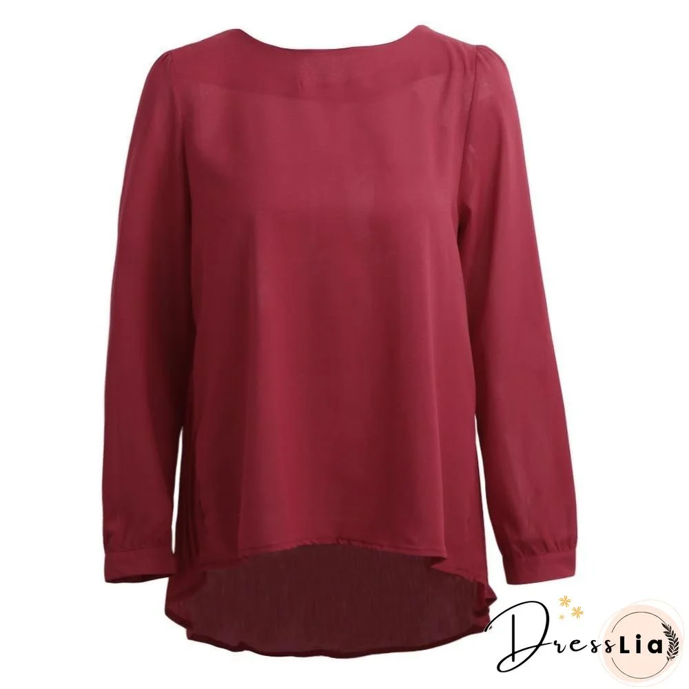 Chiffon Blouse Pleated Back Long Sleeve Asymmetric Shirt Loose Casual Plus Size Tops