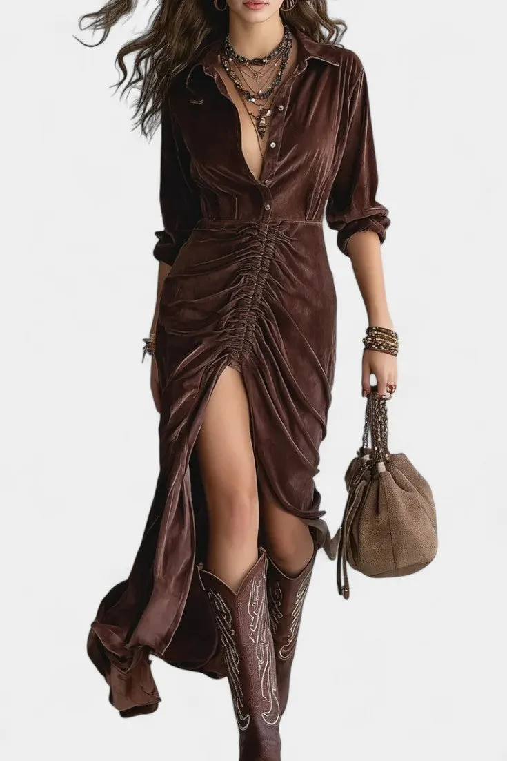 Deep V-Neck Velvet Midi Dress with Ruched Side Slit