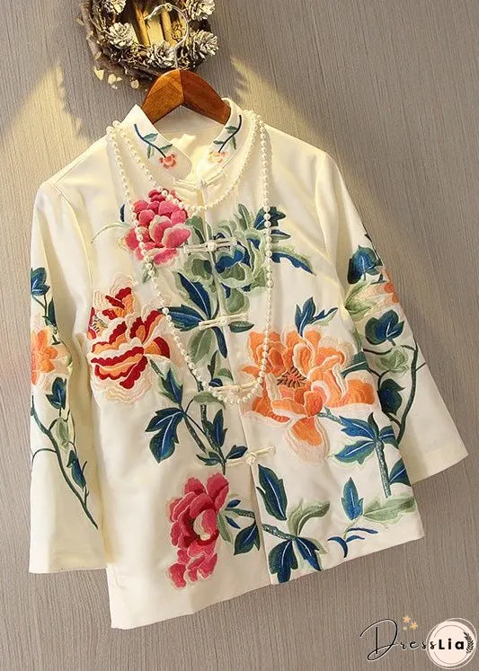 White Stand Collar Button Coats Long Sleeve