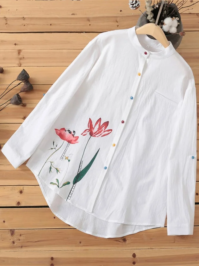 Women's Cotton Linen Lotus Print Color Button Stand Collar Long Sleeve Shirt