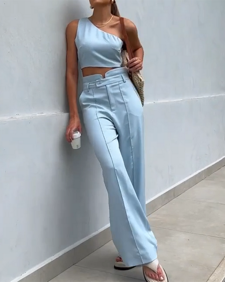 One Shoulder Top and Pants Solid Color Two Piece Suit