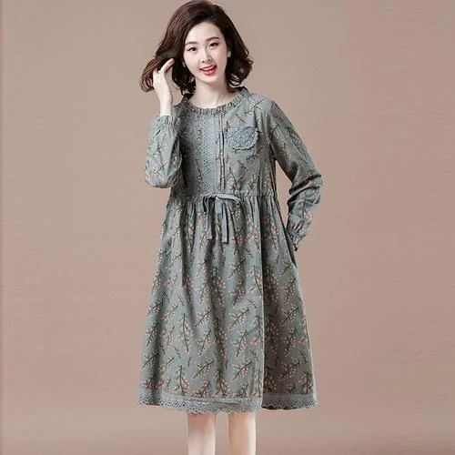 Plus Size Women Casual Dress New 2020 Autumn Vintage Floral Print 100%  Elegant Dresses