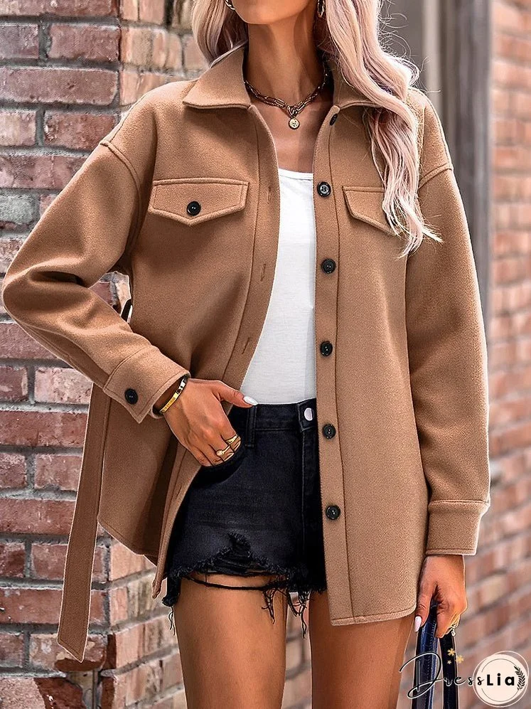 Woolen Strap Button Pocket Coat