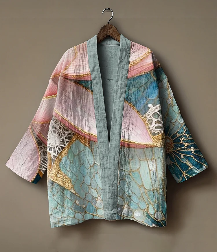 Abstract print embroidered linen cardigan kimono
