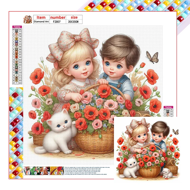 Girl Boy With Cat And Poppy Flower 35*35CM (Canvas) Full Square Drill Diamond Painting gbfke