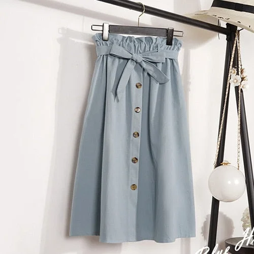 Summer Autumn Skirts Womens 2021 Midi Knee Length Korean Elegant Button High Waist Skirt Female Pleated School Skirt