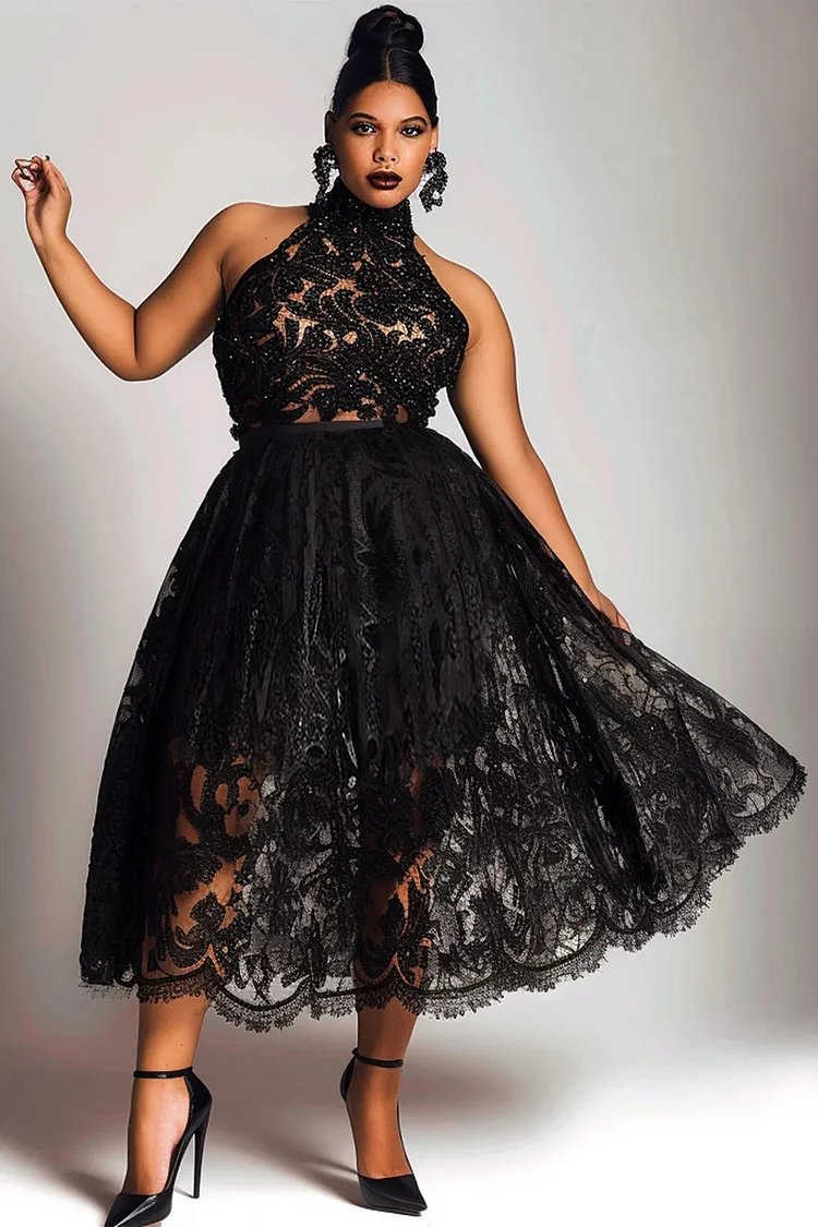 Xpluswear Design Plus Size Party Black Halter Collar See Through Lace Midi Dresses