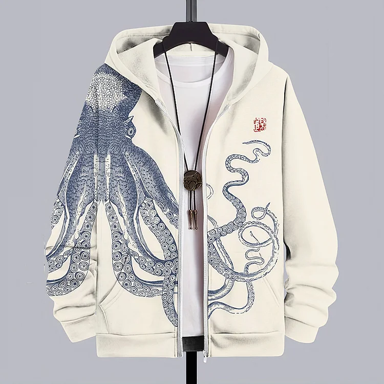 Japanese Octopus Art Casual Hooded Zip Up Jacket