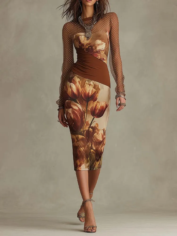 Vintage Tulip Floral Print Polka Dot Mesh Long Sleeve Ruched Waist Bodycon Midi Dress