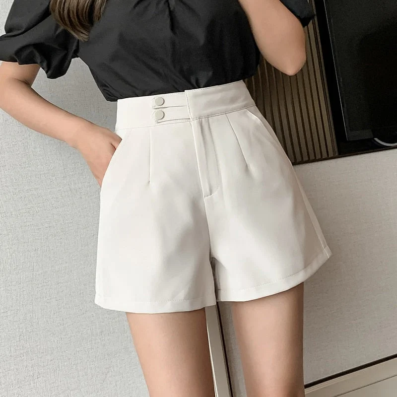 Spring Summer New Women High Waist Shorts Korean Chic Buttons Wide Leg Shorts Casual Female All-match Shorts