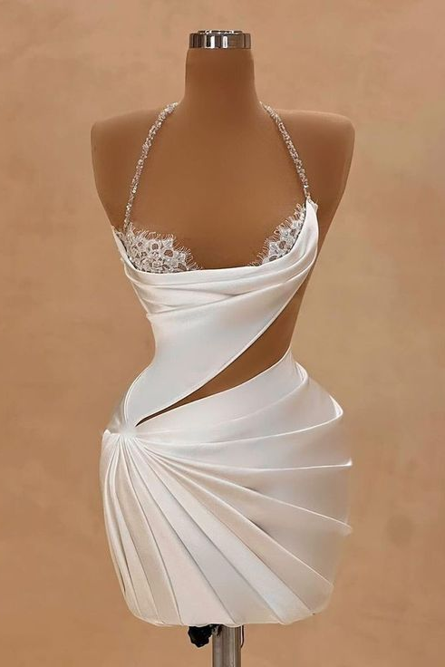 Oknass White Halter Sleeveless Short A Line Homecoming Dress With Pleated