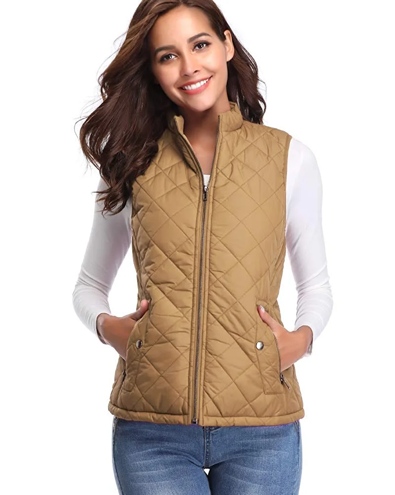 Women's Padded Vest, Stand Collar Lightweight Zip Quilted Gilet