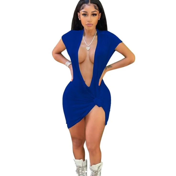 CM.YAYA Women Dress Solid Short Sleeve Deep V-neck Sheath Elastic Dresses Sexy Night Club Fashion Casual Outfit Summer 2021