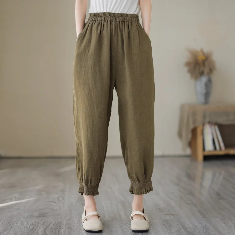 Women Summer Solid Linen Trim Casual Pants