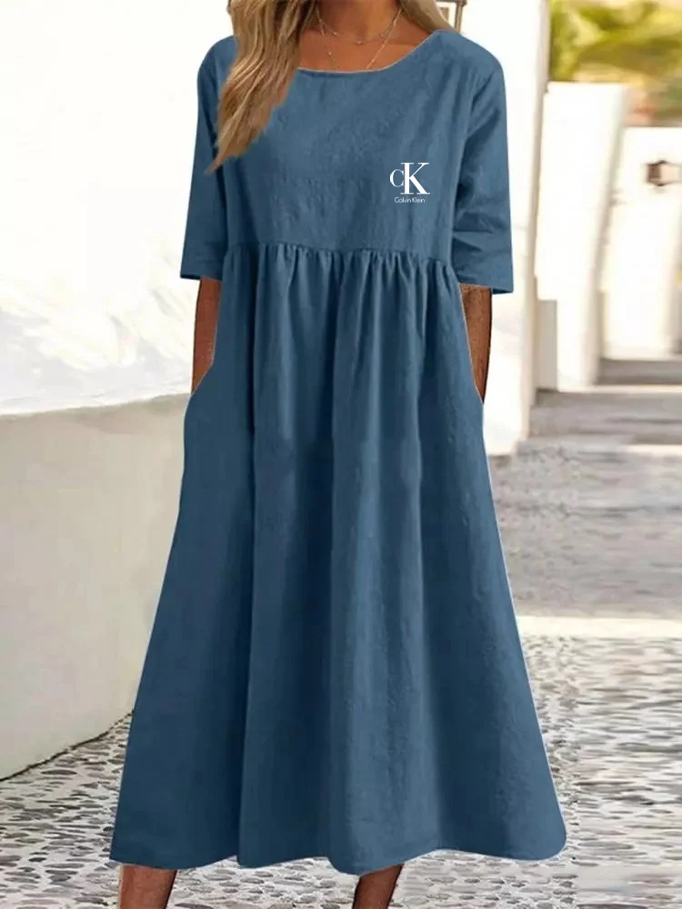 CALVIN KLEIN - BAWEŁNIANO-LNIANA SUKIENKA Z KRÓTKIM RĘKAWEM