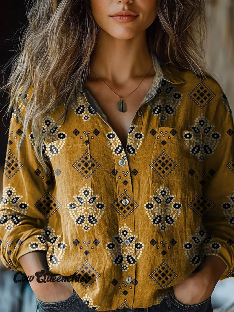 Women’s Vintage Ethnic Pattern Art Print Casual Long Sleeve Comfortable Cotton Shirt Multicolor / S