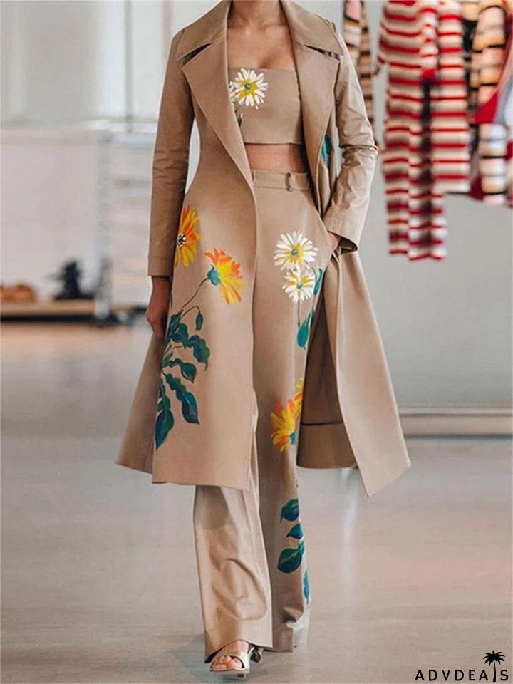 Floral Printed Long Coat Tank Top Pants Outfits 3 Pieces Sets
