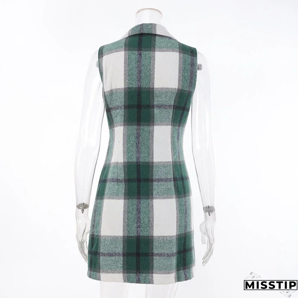 Women's Fashion Plaid Long Vest Turndown Collar Sleeveless Blazer