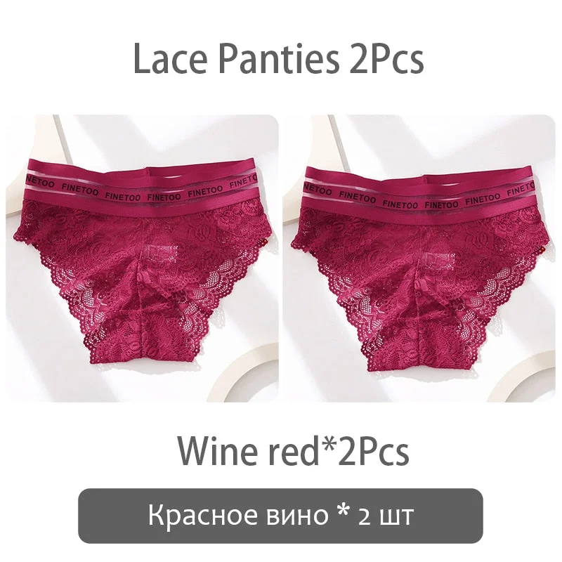 FINETOO 2Pcs Lace Panties Women Sexy Transparent Briefs Low Waist Floral Underwear Fashion Ladies Underpants L-2XL Girl Lingerie