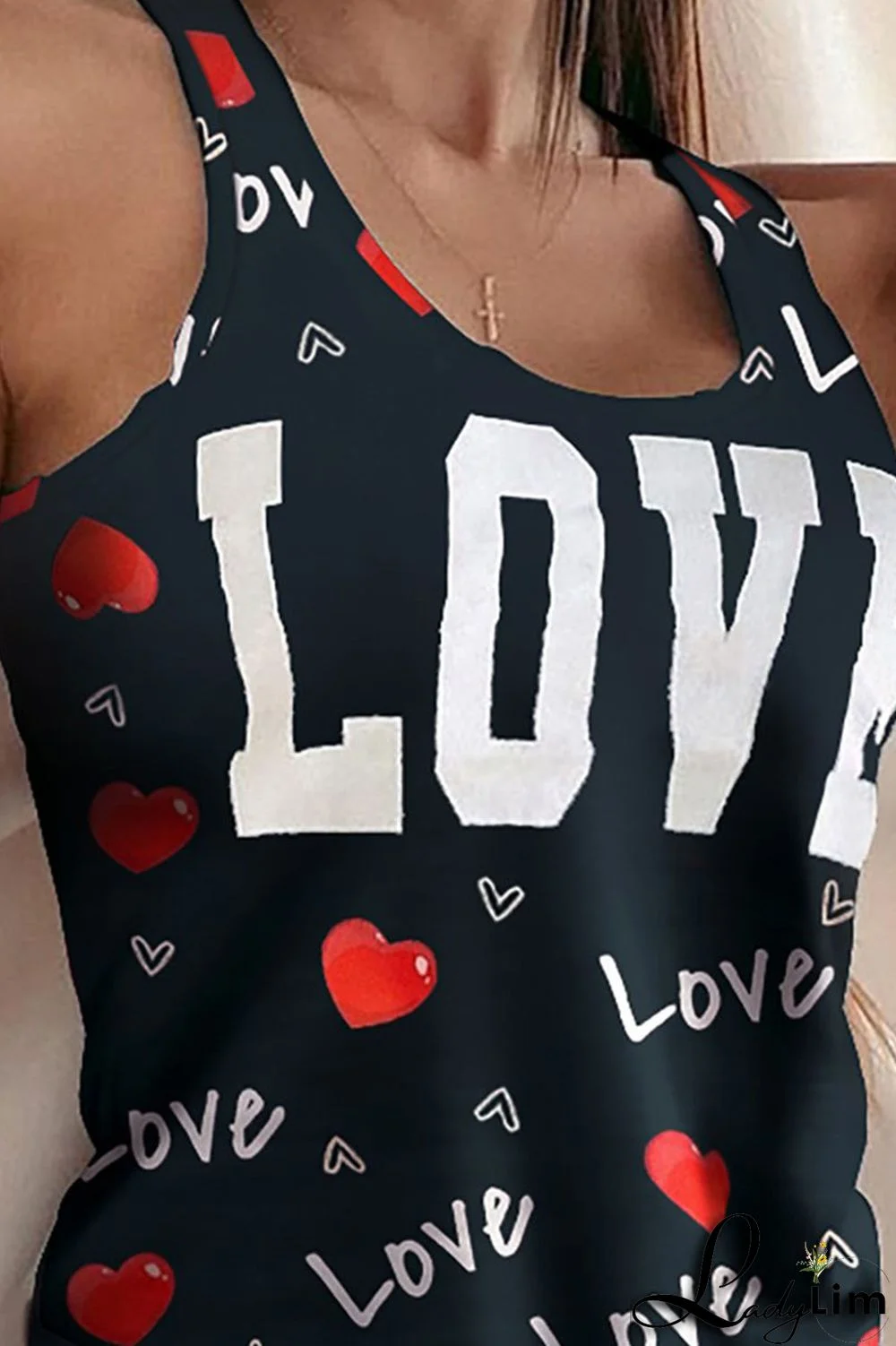 Black Casual Print Split Joint U Neck Sleeveless Two Pieces