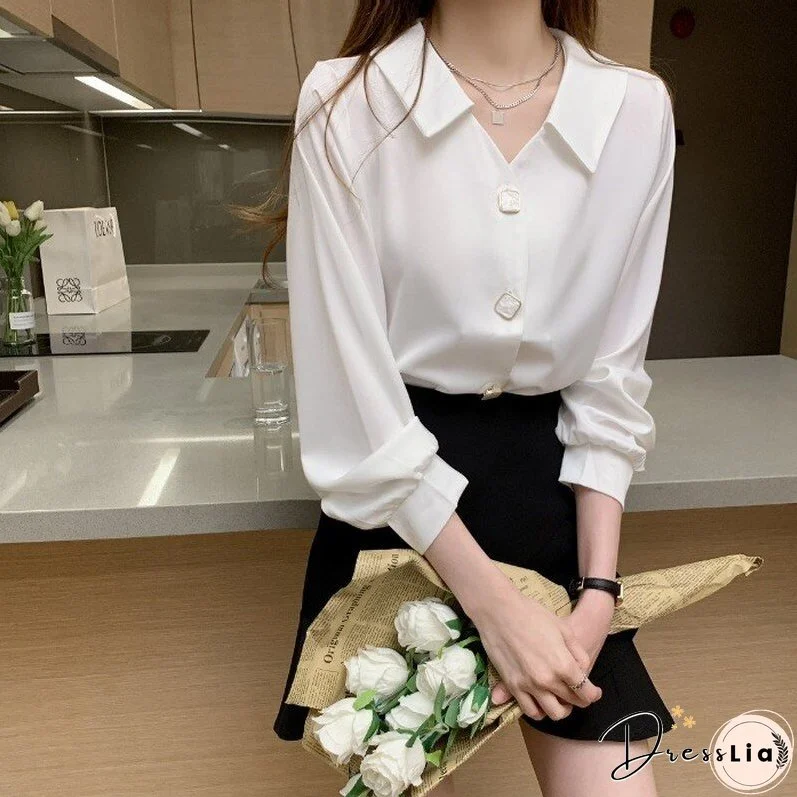 Autumn Long Sleeve Loose Shirt and Blouse Solid V-neck Shirt Office Lady Fashion Blouses Women Tops Blusas Clothes 11008