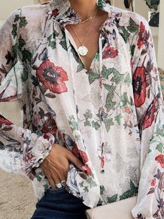 Floral-Print Floral Casual V Neck Shirts & Tops Zaesvini