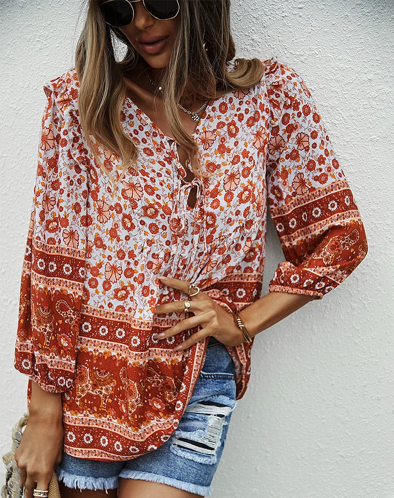 Women's Simian Style Lace-Up Loose Blouses