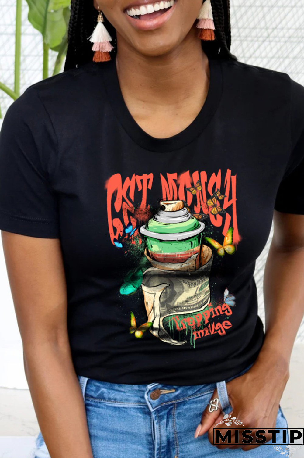 Black Street Daily Print Patchwork O Neck T-Shirts