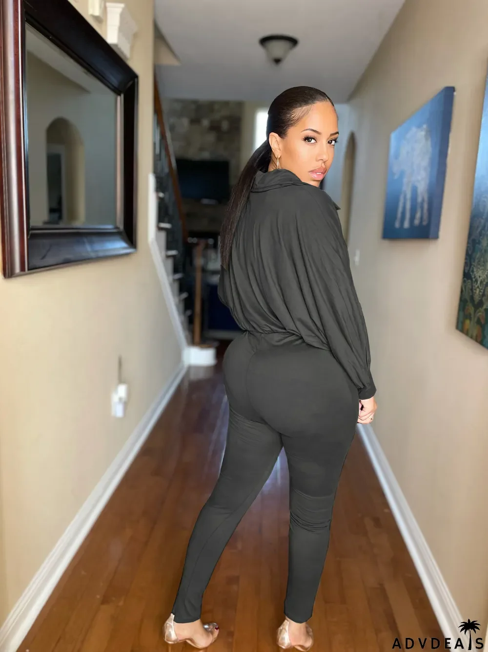 Plus Size Fashion Solid Color Zipper Jumpsuit