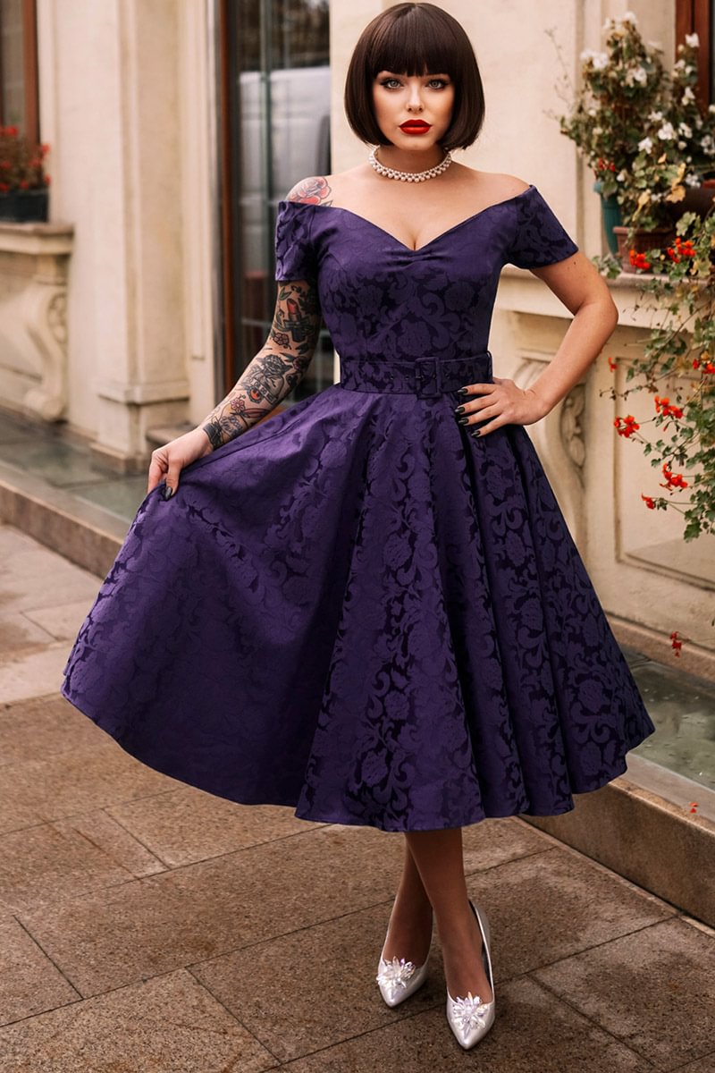 1950s Purple Party Off The Shoulder Corset Jacquard Bell Midi Dress [Pre-Order]