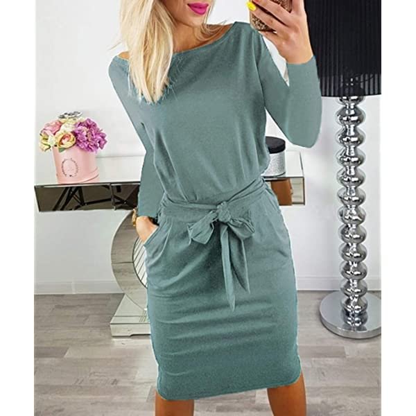 Women's Casual Long Sleeve Party Bodycon Sheath Belted Dress amazon LILYELF