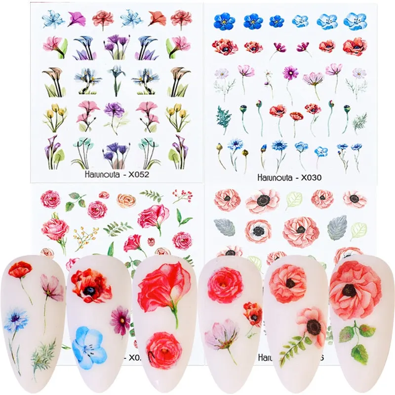 Harunouta 4pcs Geometry Color Wave Line Water Decals Stickers Flower Leaves Slider For Nails Spring Summer Nail Art Decorations