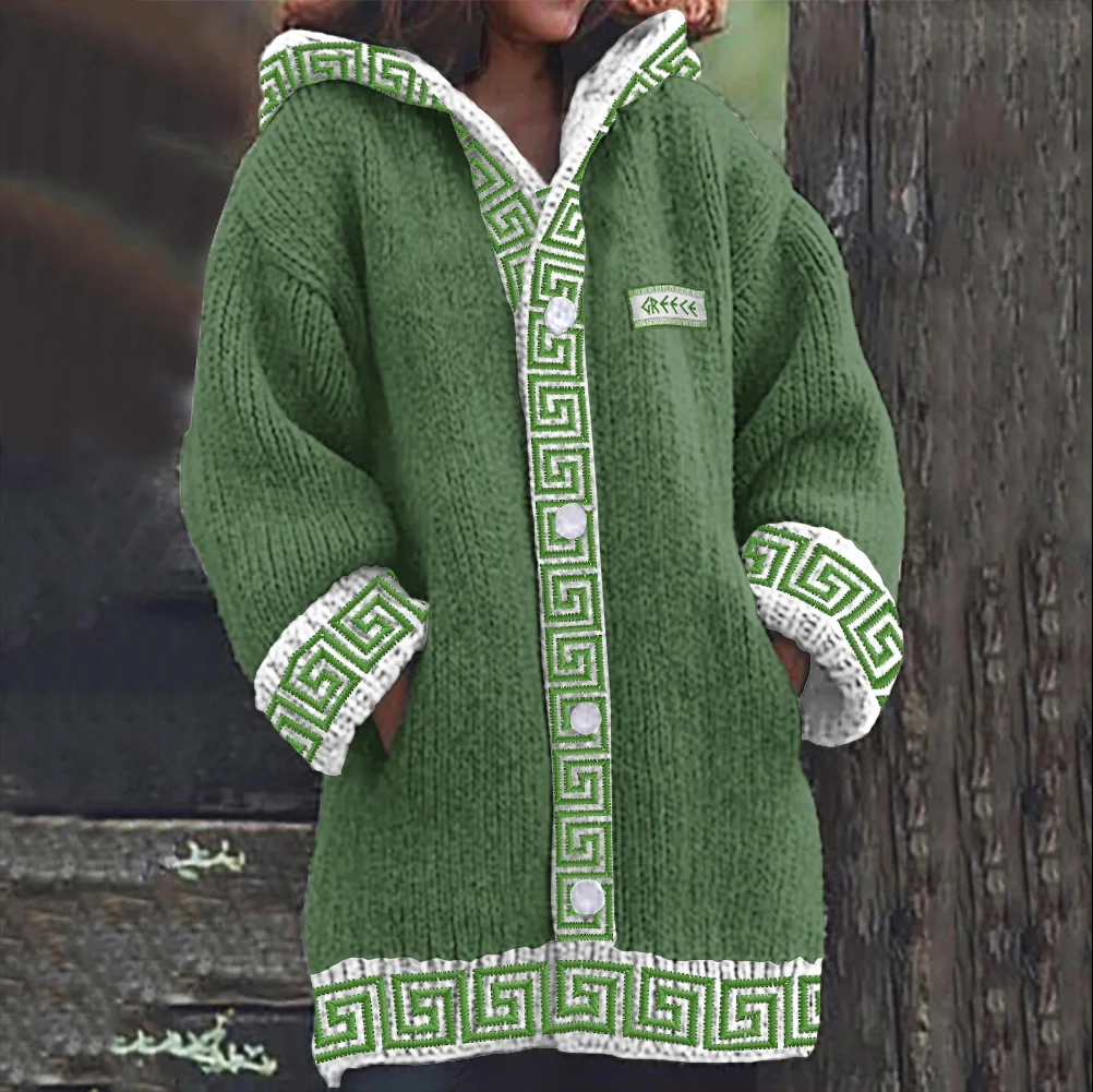 Greek Key Pattern Cozy Knit Hooded Cardigan