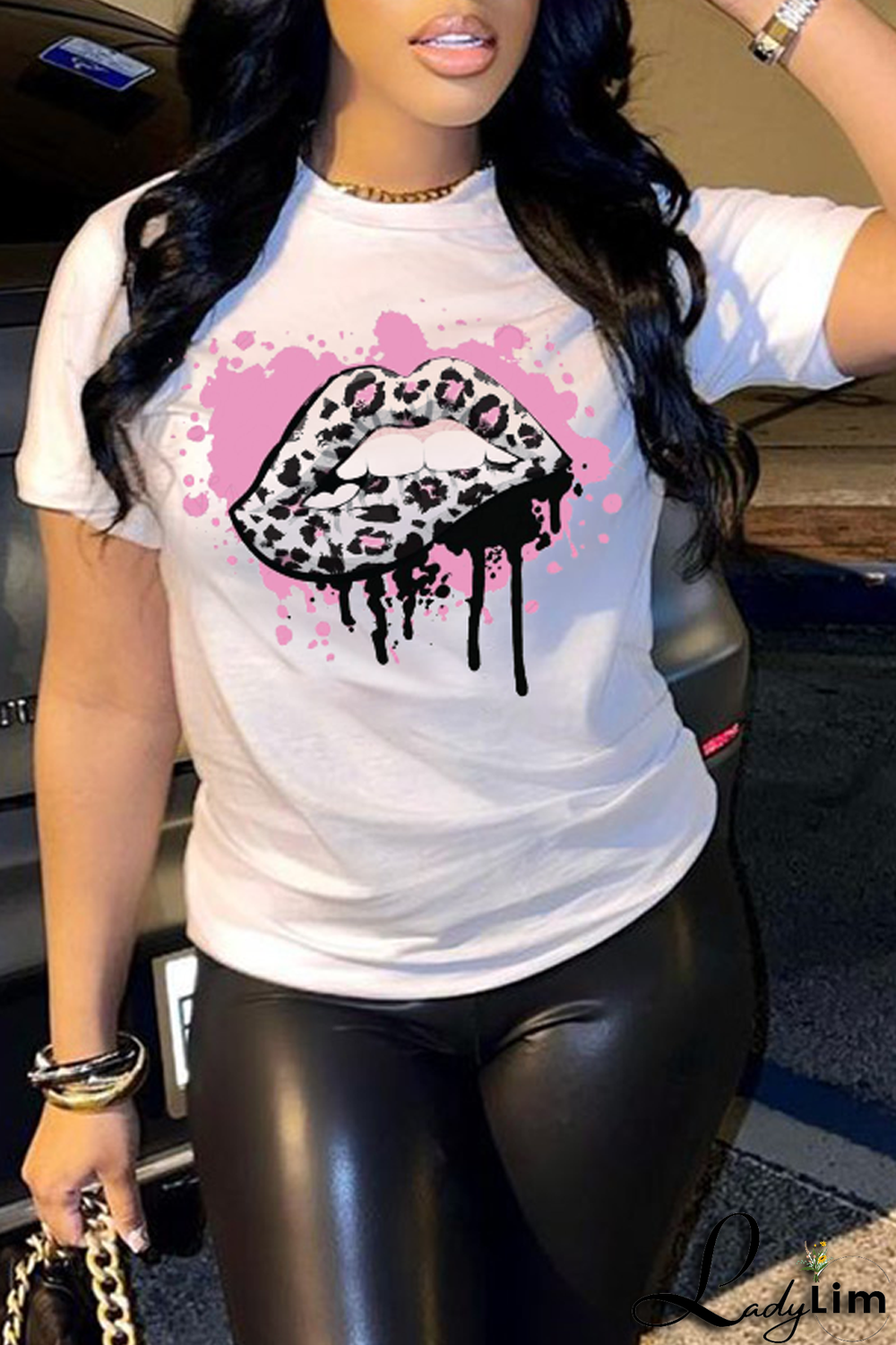 Black Fashion Street Lips Printed Split Joint O Neck T-Shirts