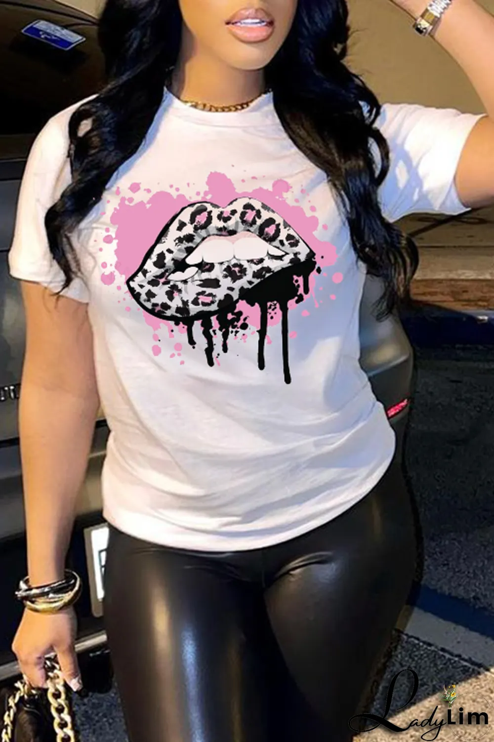 Black Fashion Street Lips Printed Split Joint O Neck T-Shirts