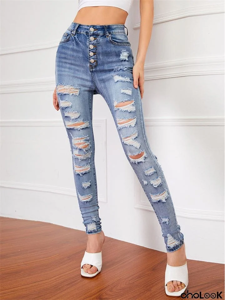 Women's Street Style Fashion Slim Fit Solid Color Ripped Denim Jeans