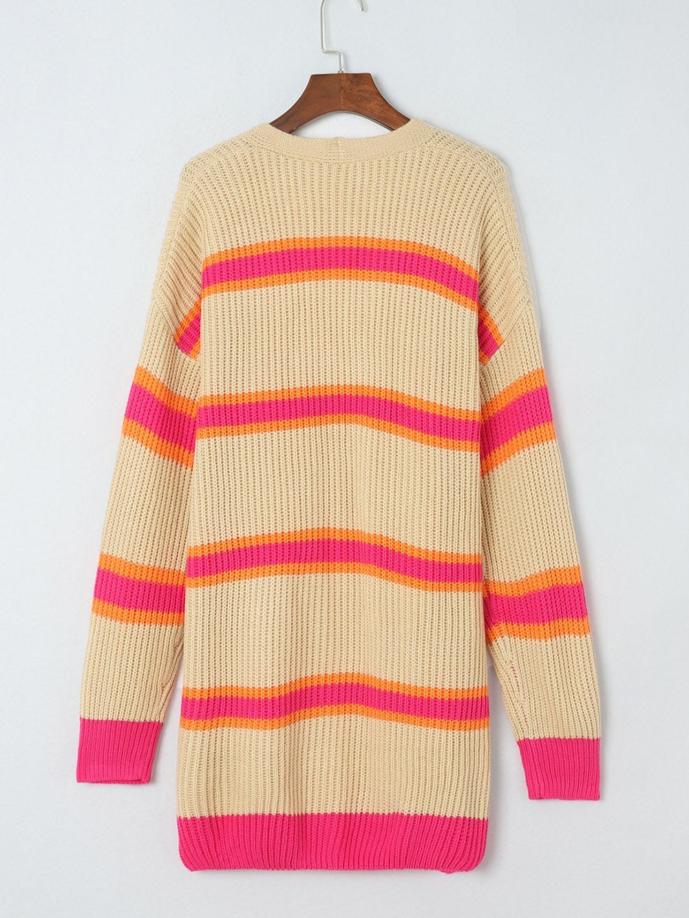 Ribbed Knit Long Cardigan with Striped Print