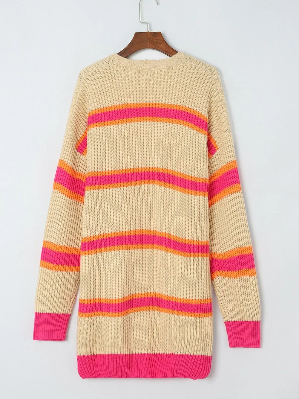 Ribbed Knit Long Cardigan with Striped Print