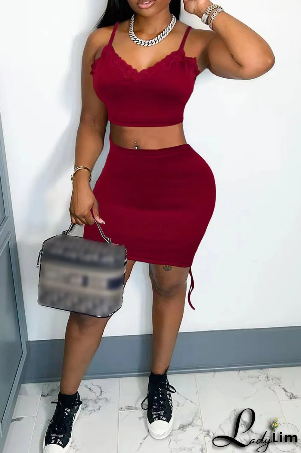 Burgundy Sexy Casual Solid Backless Spaghetti Strap Sleeveless Two Pieces