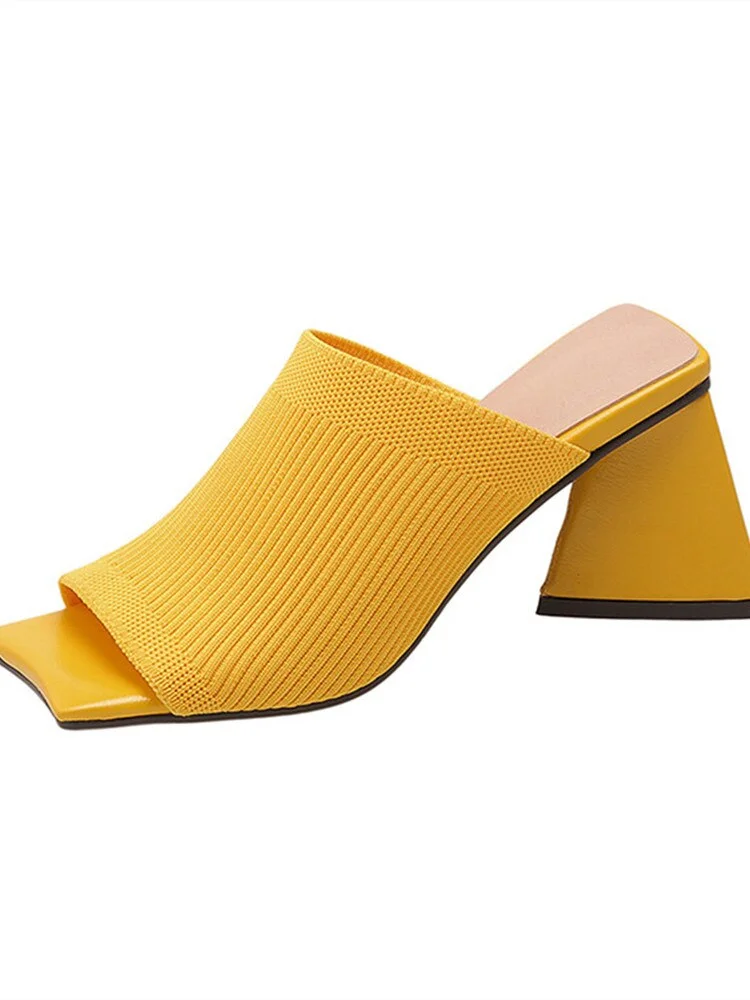 2022 Summer Thick Heel Middle Heel Sandals Stretch Knit Beige Yellow Women's Shoes Plus Size Slippers Sexy Fashion Women