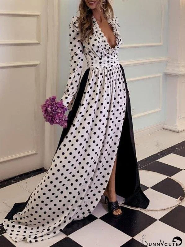 Plunging Neck Frill Trim Split Thigh Polka Dot Dress