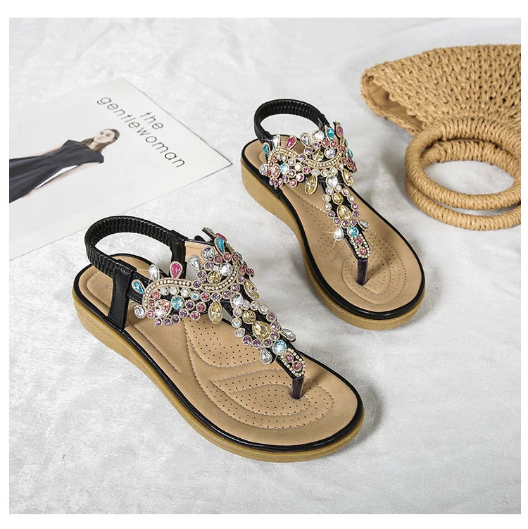 Ethnic Style Flat Rhinestone Sandals