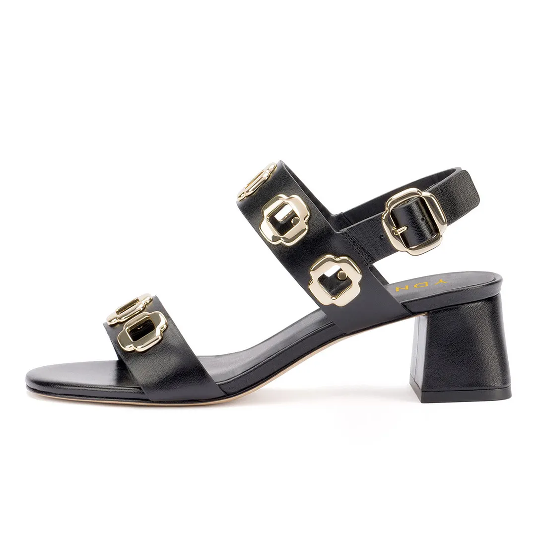 YDN Black Vegan Leather Open-Toe Metal Cut-Out Strap Heels Sandals