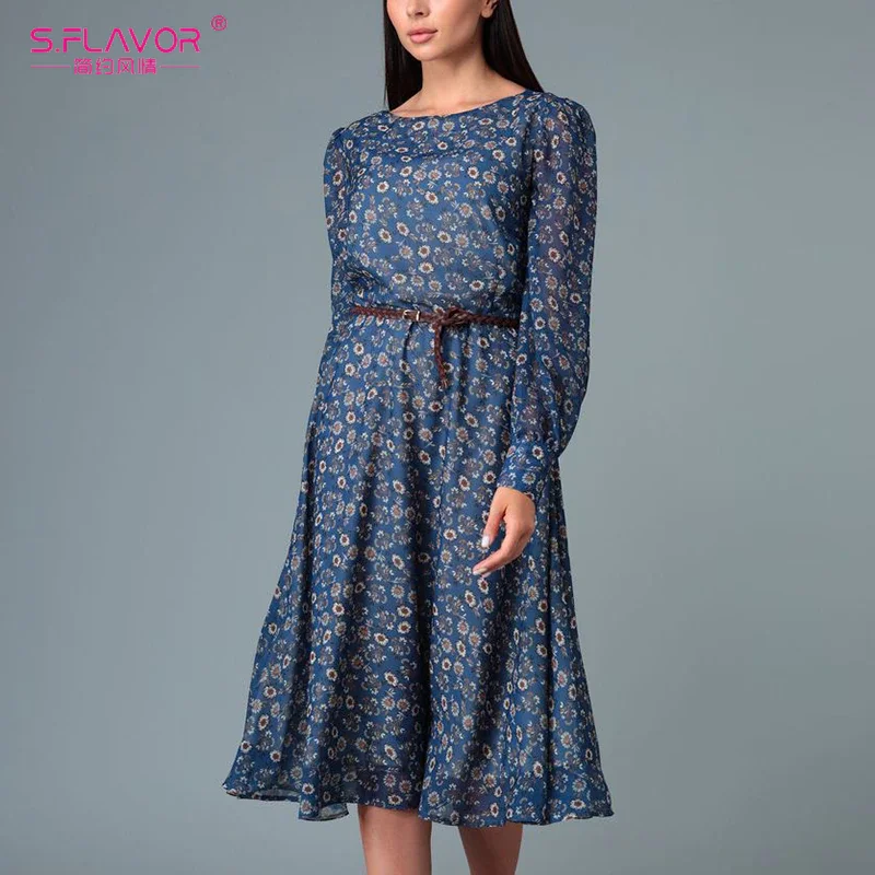 Jangj S.FLAVOR Elegant Long Sleeve Floral Print Dresses (No Belt) 2022 Autumn O Neck Slim Party Vestidos A Line Midi Sundress