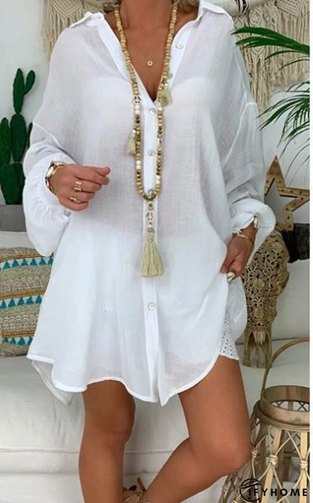 White Half Sleeve Shirt Dress Cover Up | IFYHOME
