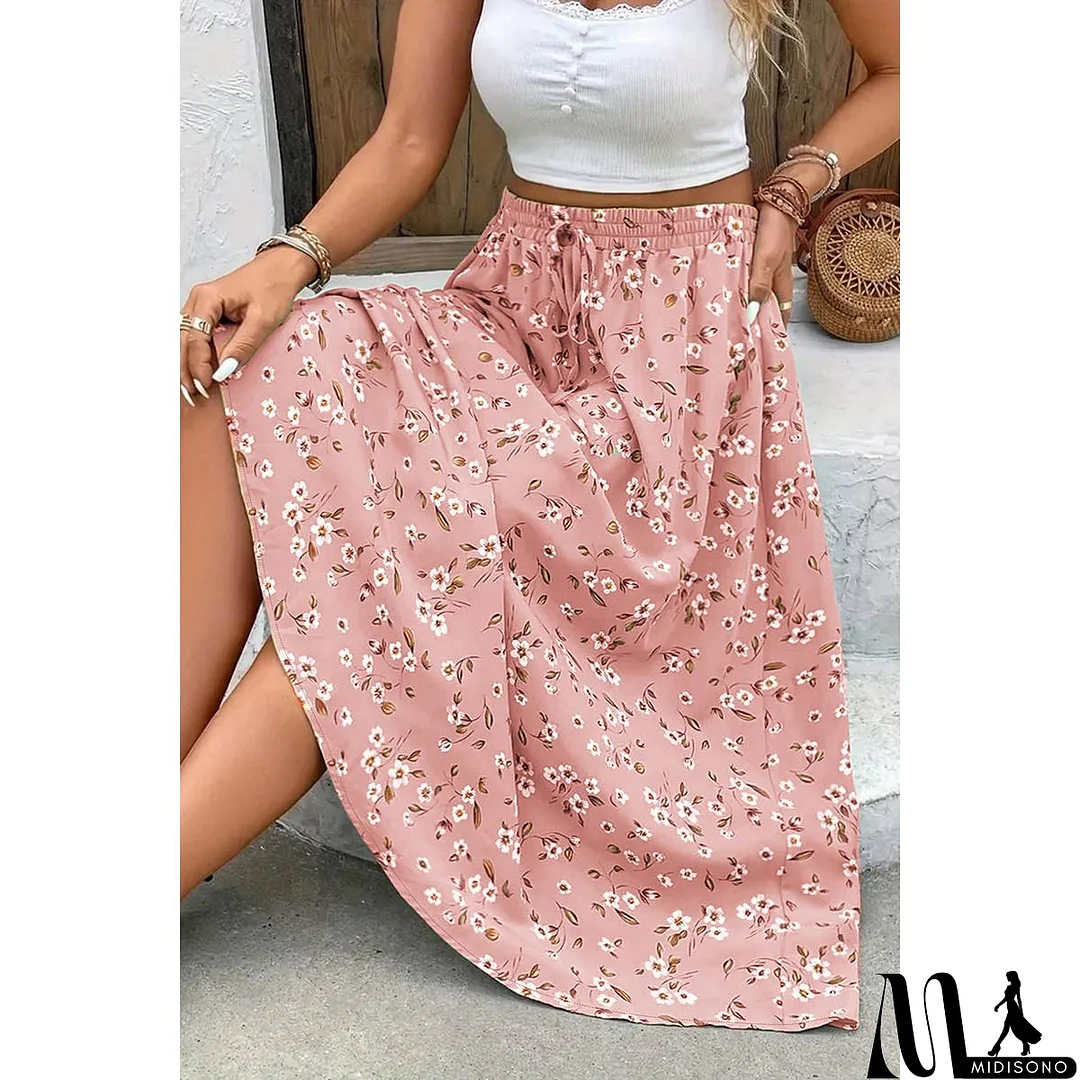 MidiSono - Plus Floral Print Drawstring Waist Fit Skirt