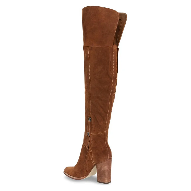 Tan Long Boots Suede Over-the-knee Chunky Heels |FSJ Shoes