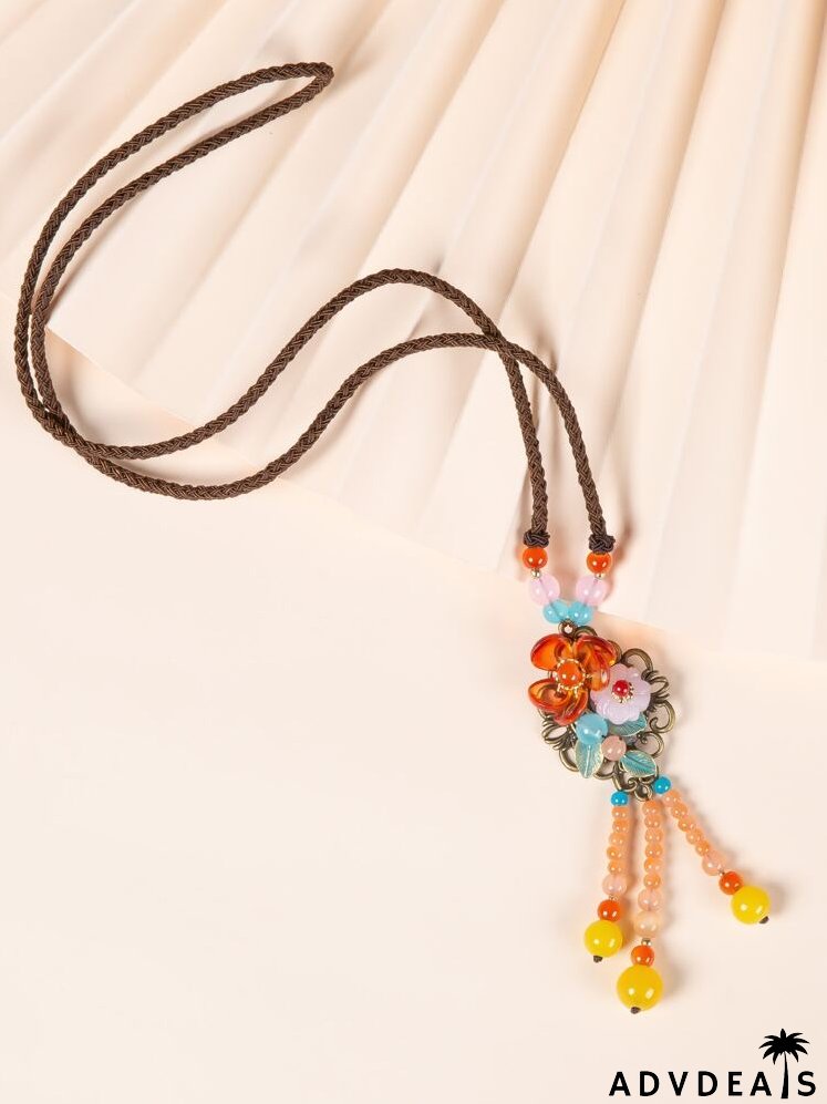 Flower & Bead Tassel Charm Necklace